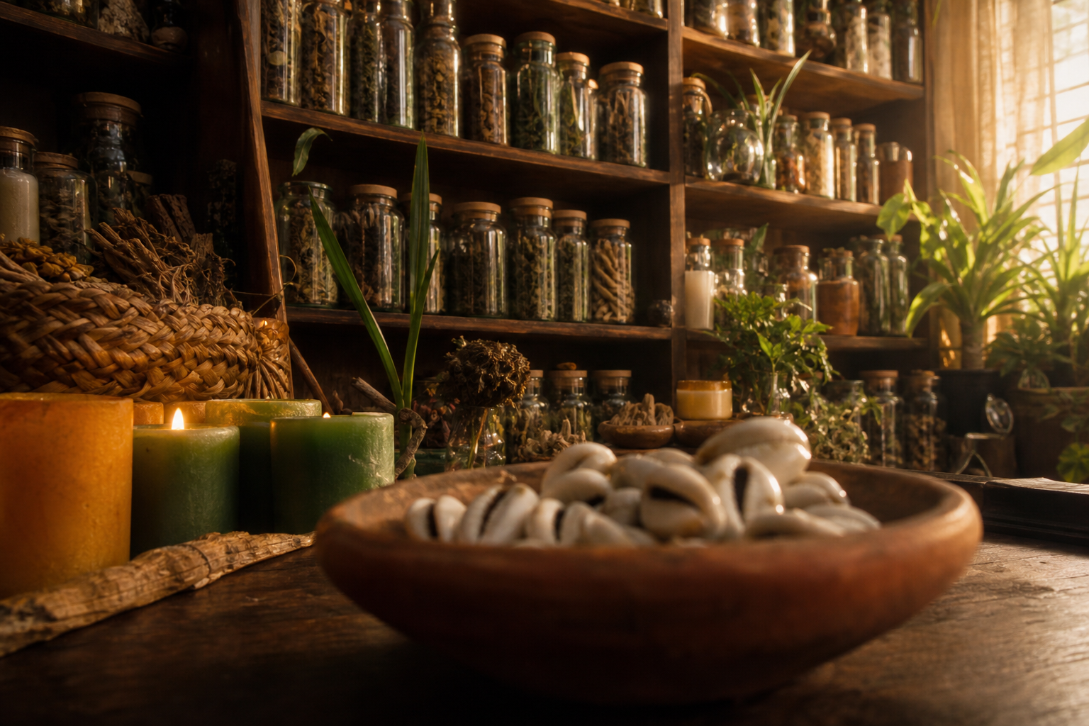 Botanica espiritual con velas y hierbas